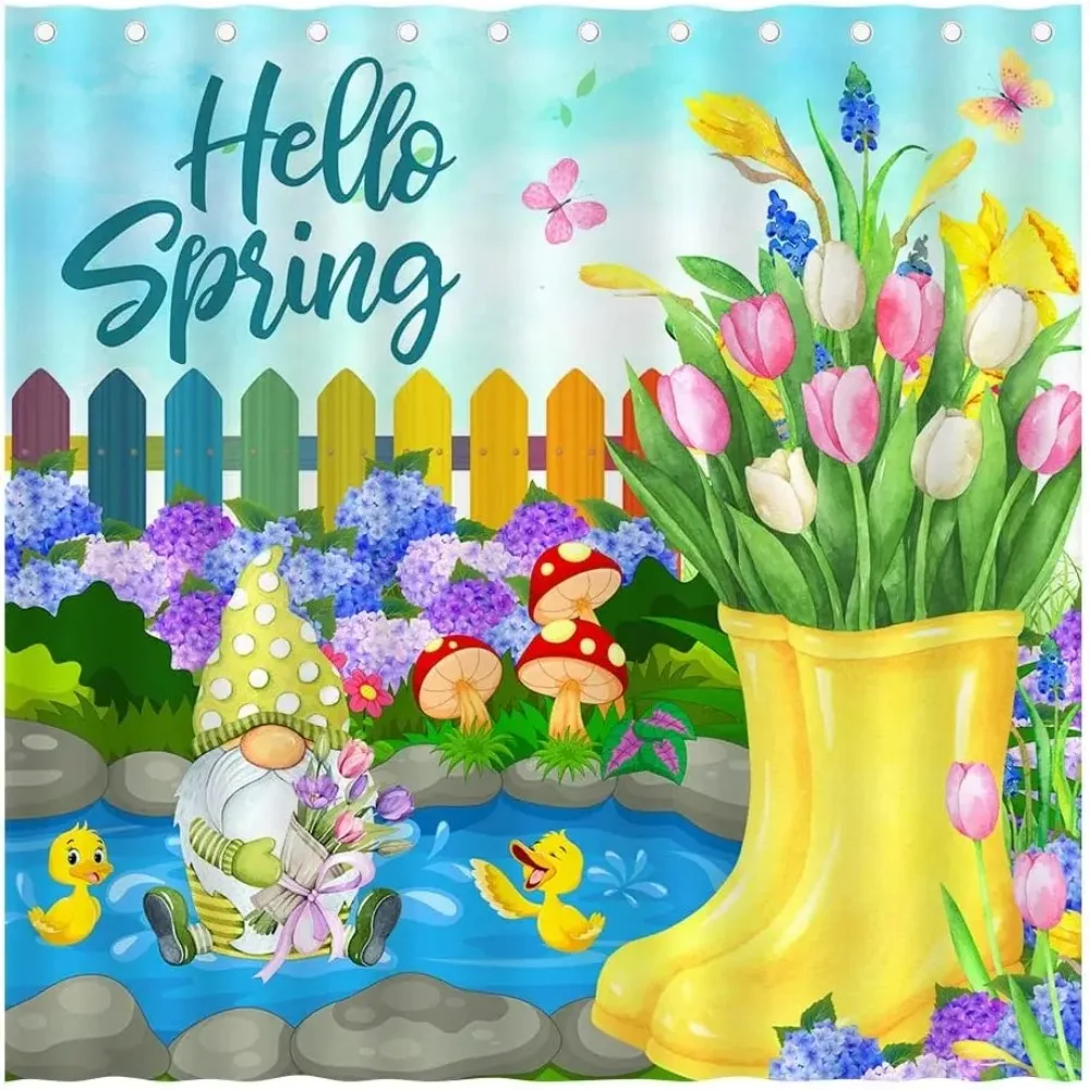 Easter Eggs Shower Curtain Spring Coloured Eggs Rabbit Butterfly Bath Curtain Polyester Fabric Home Bathroom Decor with Hooks