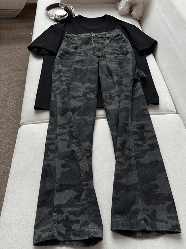 American Retro Camouflage Jeans Men's Summer High Street Vibe Lift Crotch Leg Lengthening Straight Leg Micro Flared Workwear