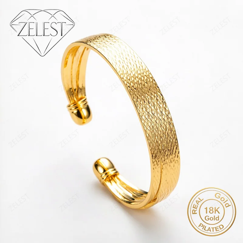 925 Sterling Silver 18K Gold Plated Fine Glitter Hammered Open Bracelet Women's Wedding Party Jewelry