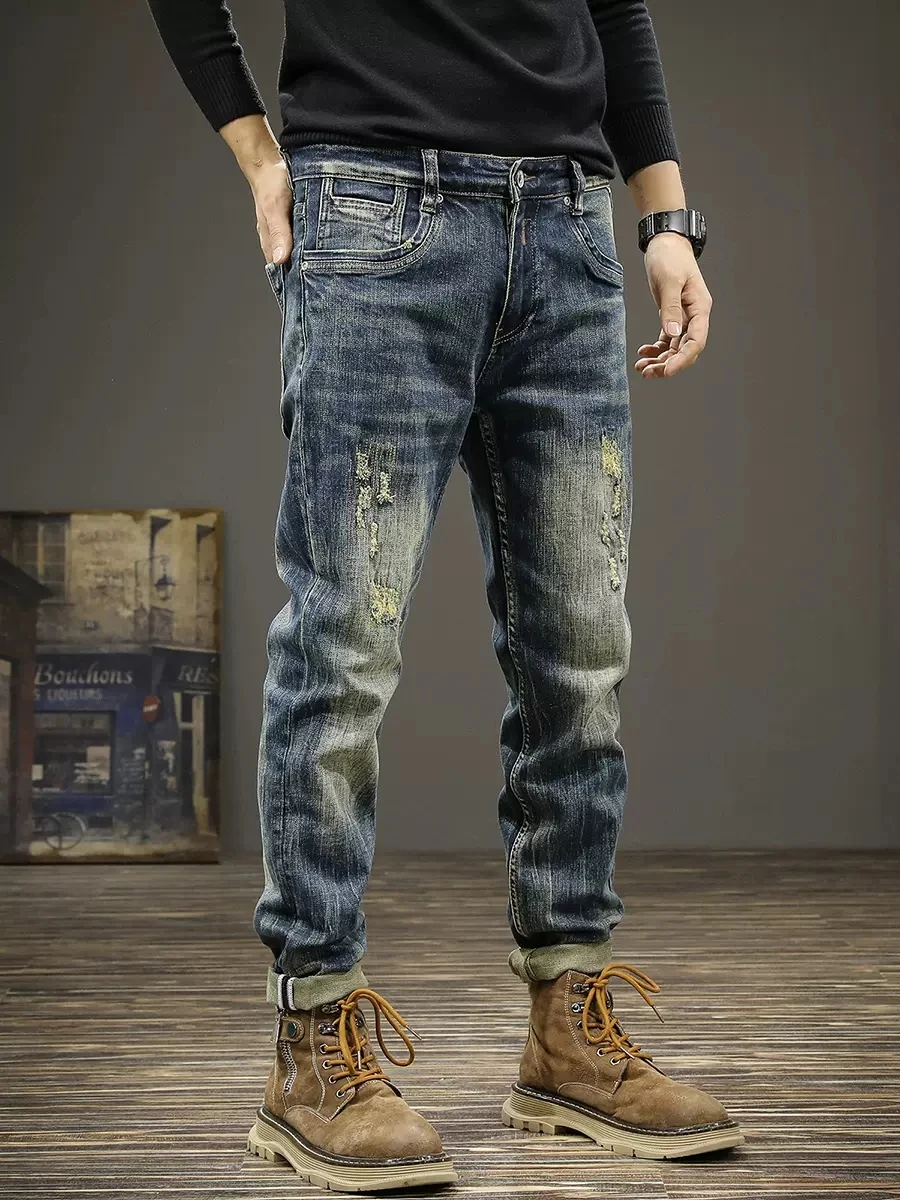 Fashion Designer Men Jeans Retro Blue Stretch Slim Fit Ripped Jeans Men Vintage Trousers Embroidery Casual Denim Pants Hombre