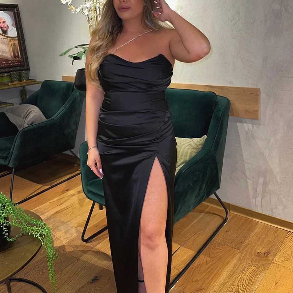 Black Satin Evening Dress for Woman Beading One Shoulder Column Evening Gowns Long V Neck Side Split Pleats Formal Party Dresses