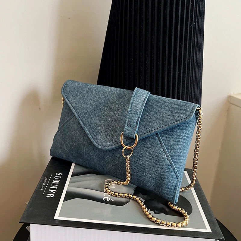 Tas tangan elegan Denim wanita, dompet tas bahu rantai untuk wanita