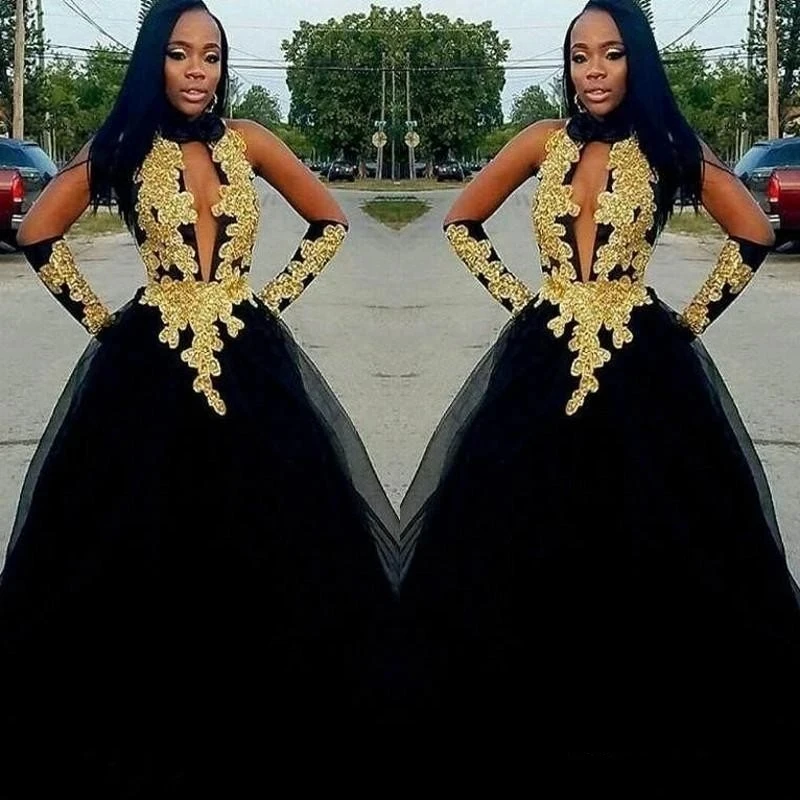 

Black High Neck African Evening Dresses Gold Lace Appliques Half Sleeve Cut-Out Tulle Formal Party Prom Gown Floor Length 2023