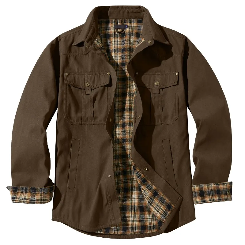 Men's Large Size Lapels Plaid Flannel Shirt Coat Spring Autumn Casual Fashion Single Breasted Tops Western Cowboy Style US Size