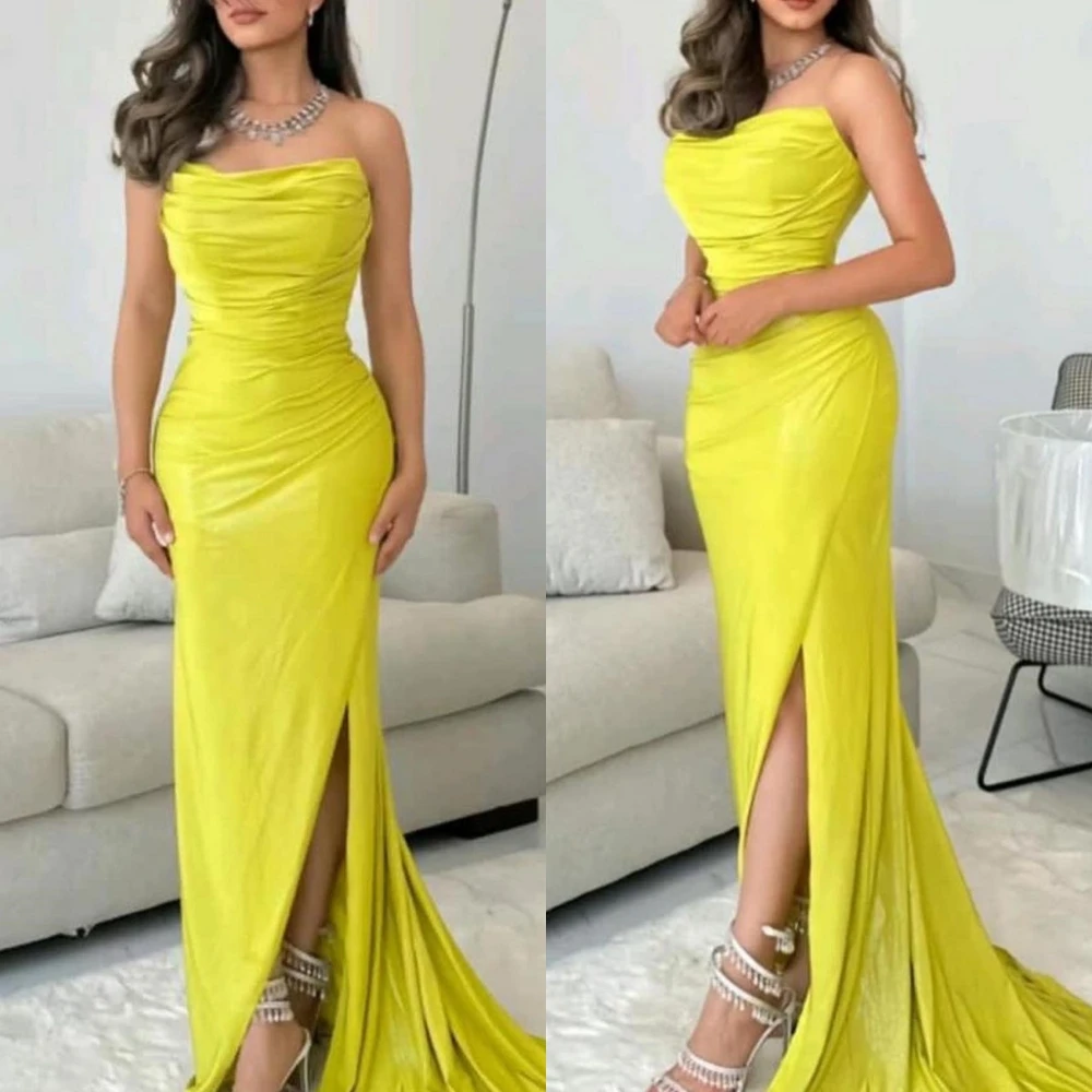 

Simple Fashion Strapless Sheath Cocktail Dresses High Quality Hugging Skirts Sweep/Brush Charmeuse Prom فساتين سهرة فخمه