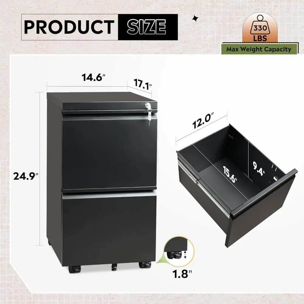 خزانة ملفات معدنية مع درجين، مجمعة بالكامل، تحت المكتب، أسود، قابل للقفل، متوافقة مع الحروف والقانونية، وملفات A4