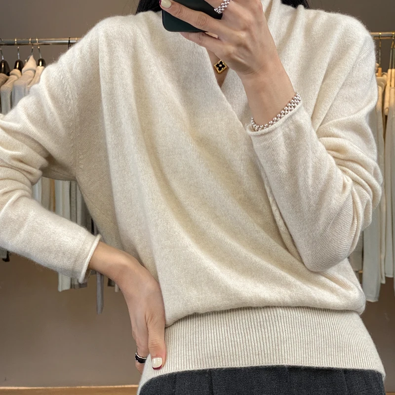 

Women's 100% Merino Wool Sweater Cross V-neck Hoodie Office Women's Basic Elegant Cashmere Knitted Autumn Winter Top