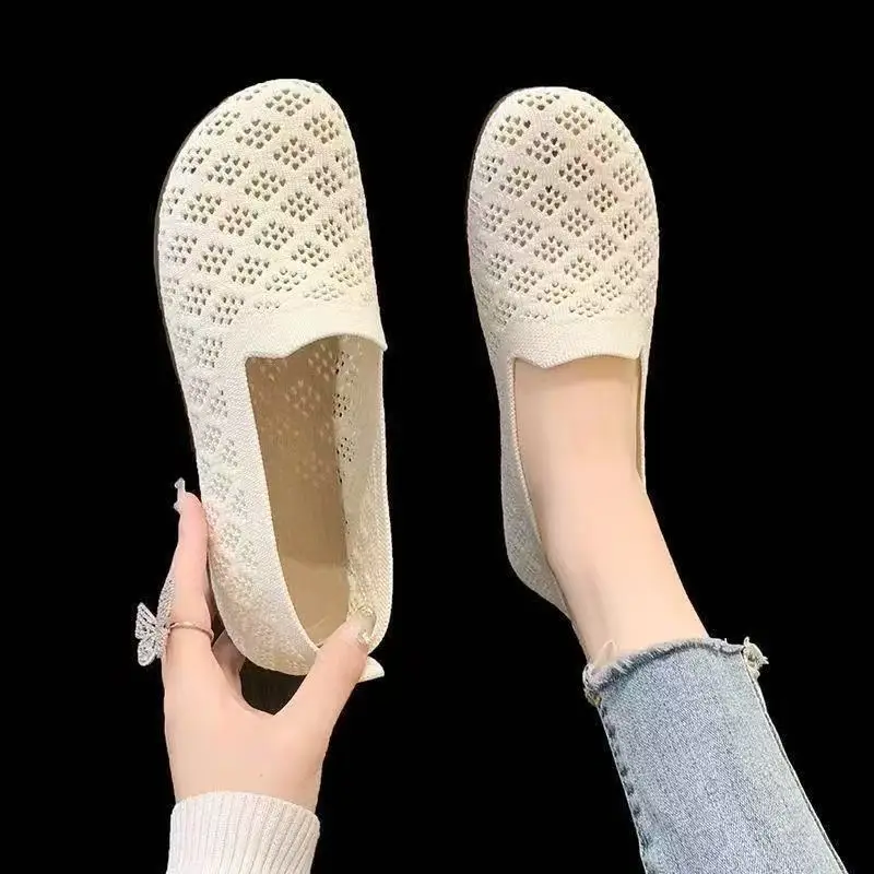 summer new Bestselling Lazy flats Comfortable Breathable Openwork Knit Round-Toe Slip-On Shoes for woman Anti-Slip woman shoes