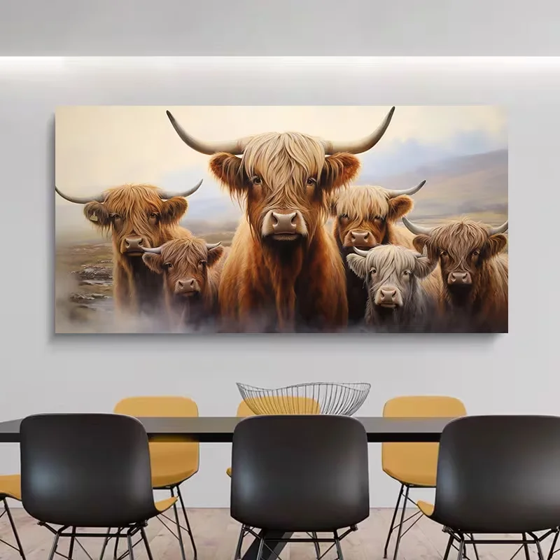 One Piece of 2D/Flat Artwork Featuring a Family of Highland Cows, Perfect for Farmhouse Decor. This Canvas Showcases Highland Ca