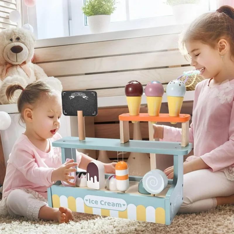 Ice Cream Shop Playing House Toys With Kitchen Food Wooden Toys Montessori Pretend Play Educational Toys For Baby Birthday Gifts