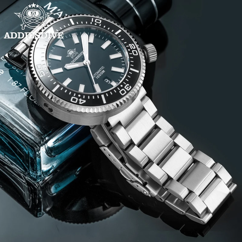 ADDIEDDIVE Luxury Men's Mechanical Watch Calendar Bubble Mirror Glass Watches 1000M Waterproof Diving Ceramic Bezel Wristwatch