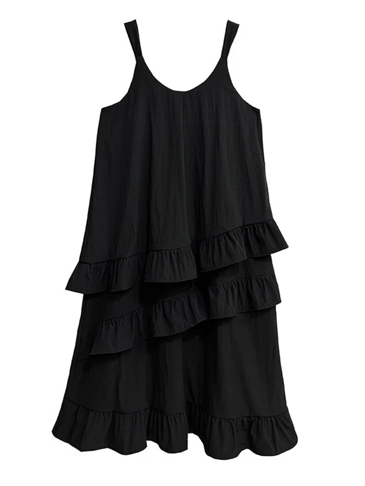 Imagem -06 - Eam Feminino Preto Babados Longo Tamanho Grande Casual Cinta Vestido Novo em Torno do Pescoço sem Mangas Moda Maré Primavera Outono 2024 1dh4933