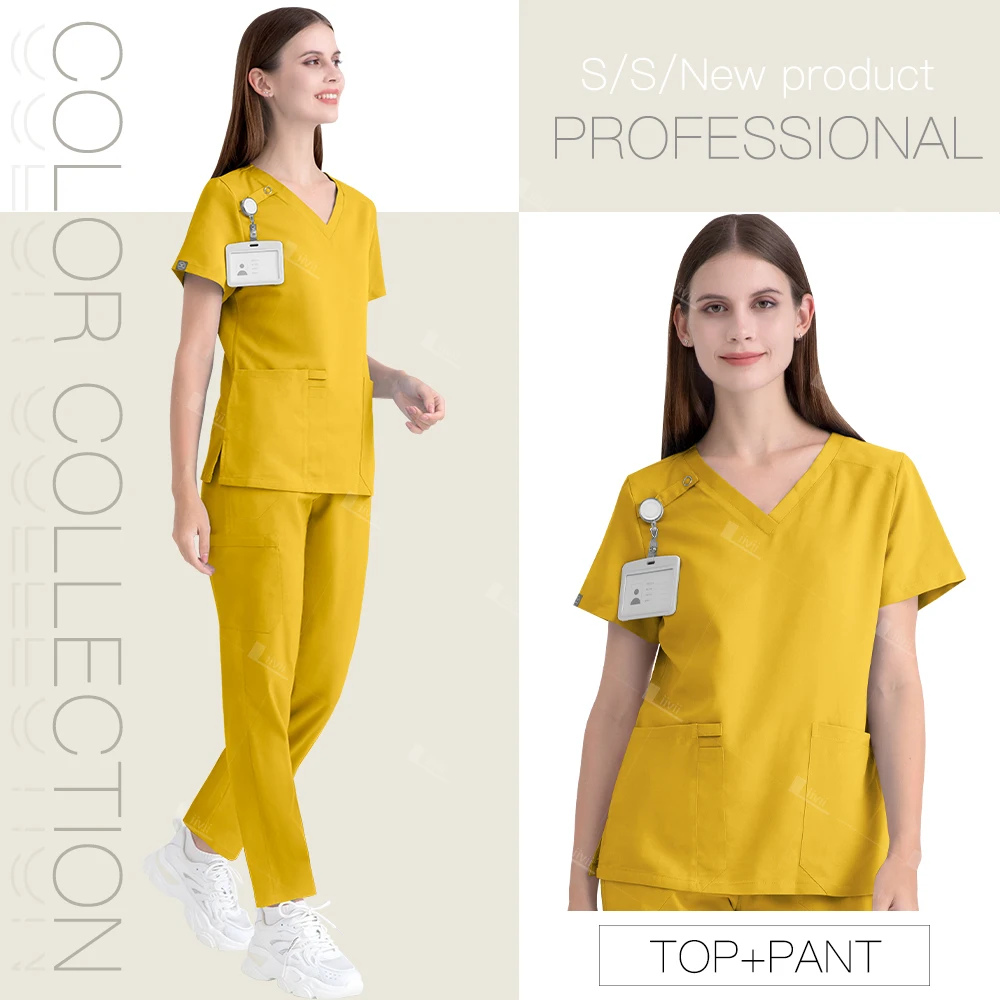 Mulheres Esfoliantes Elásticos Conjunto, Médico e Enfermeira Workwear, Blusa, Calça Reta, Spa, Salão de Beleza Uniformes, Cirurgia Médica Hospital