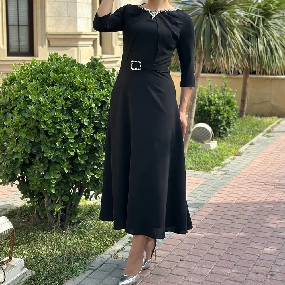 Customized   A-line Evening Dresses Tea-length O-neck Three Quarter Sleeve Prom Gown Fashion Crystal Simple Draped Party Gown