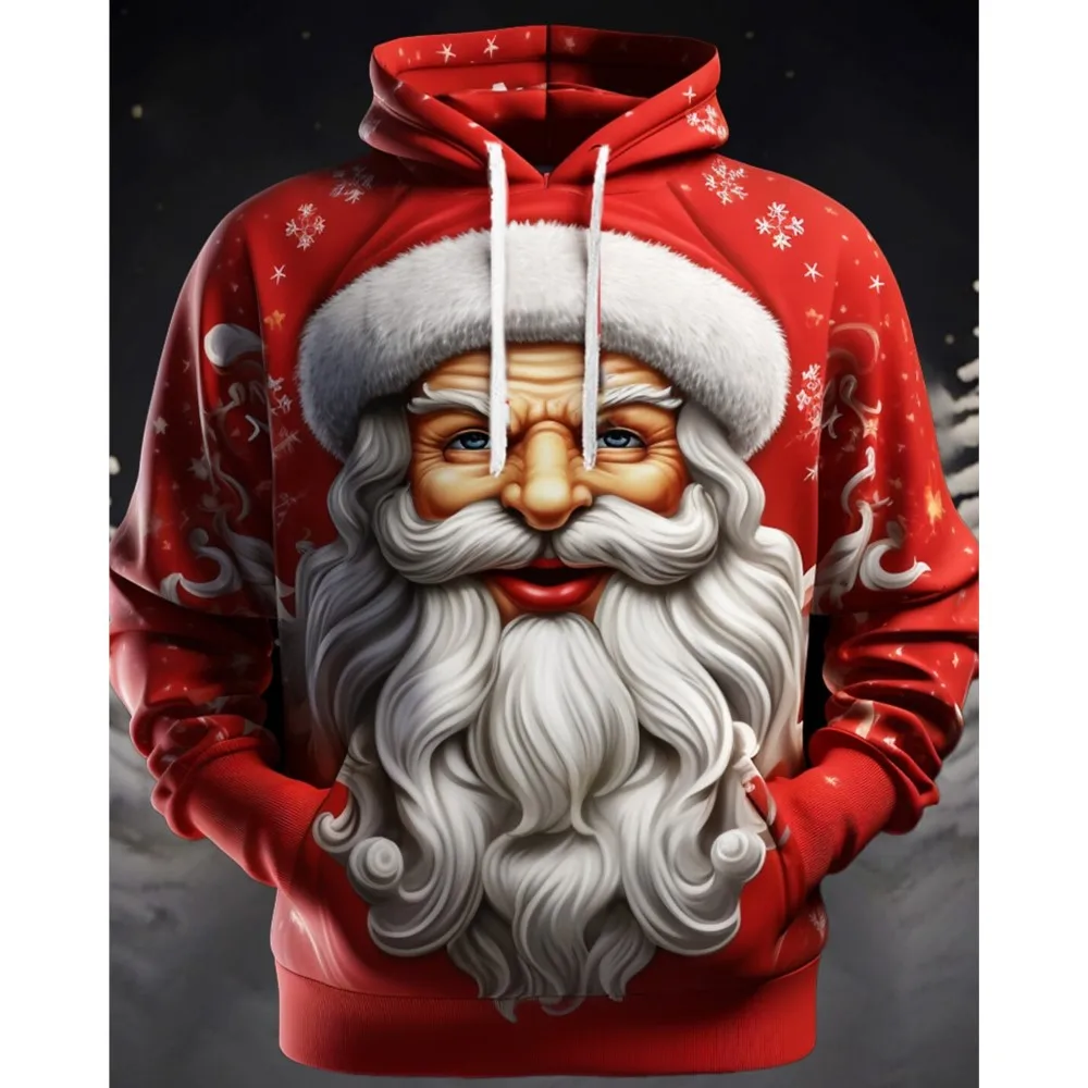 Lustiges Weihnachtsmann-Muster für Herren, modisch, 3D-gedruckter Kapuzenpullover, Sport-Kapuzenpullover, langärmeliger Kapuzenpullover, bedrucktes Kapuzenpullover mit Vordertasche