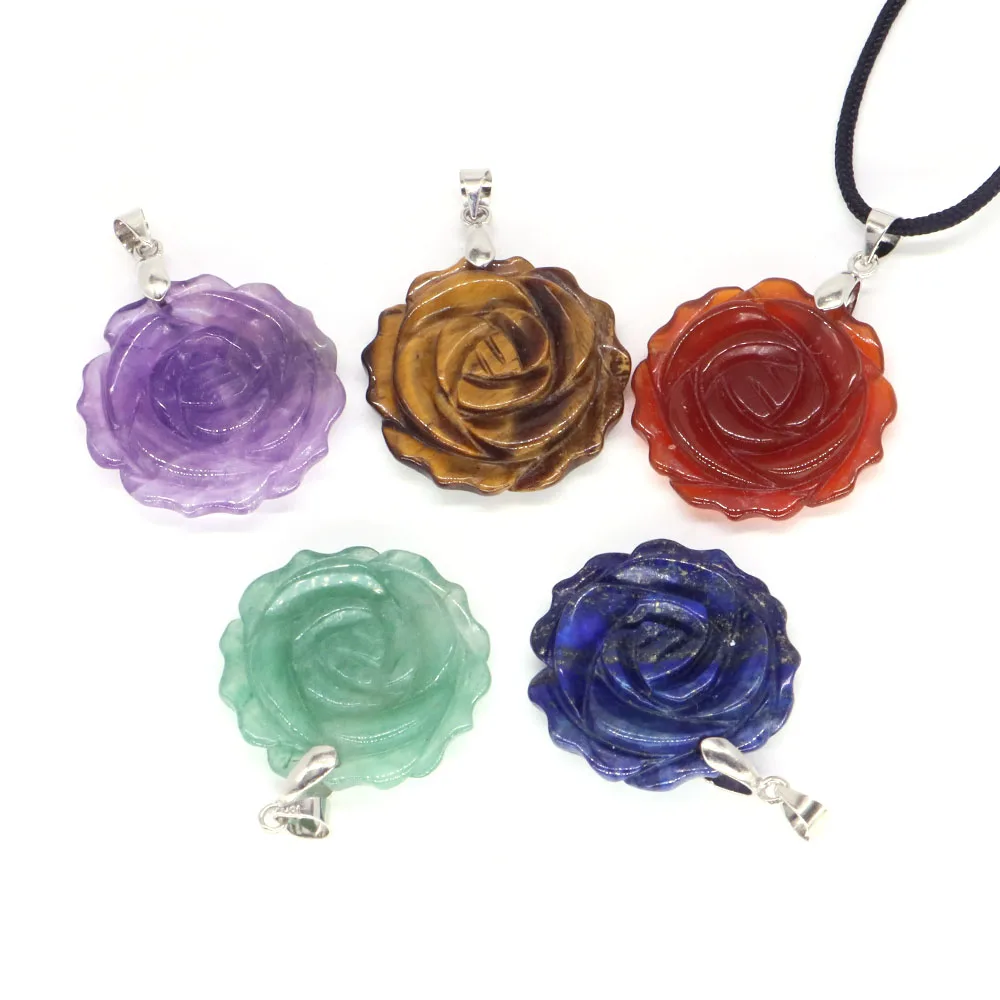 25mm Rose Flower Pendant Natural Healing Crystal Stone Carving For Quartz Jewelry Making Necklace Valentine Love Gifts Wholesale