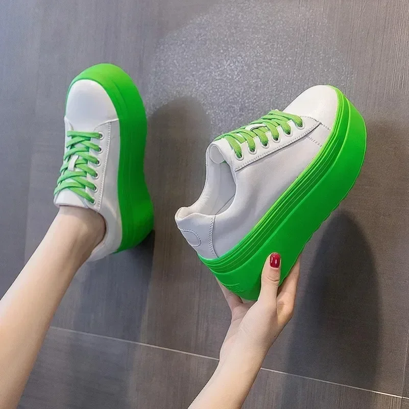 Fujin 8cm Super High Platform Wedge Sneakers Genuine Leather Shoes Women Autumn Autumn Green White Shoes Summer Sneakers