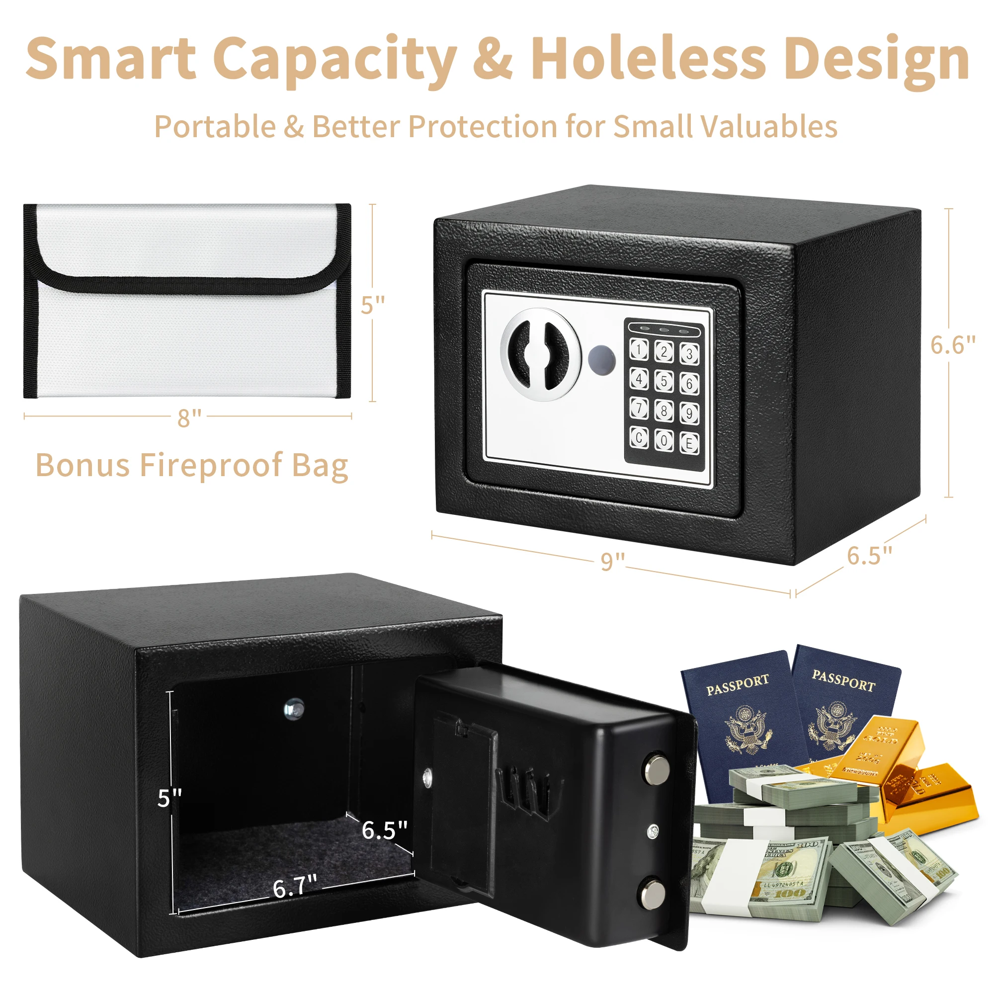 Deli Premium Security Safe Box, Durable Lockable Storage for Valuables, Fireproof and Waterproof, For Home or Office Use