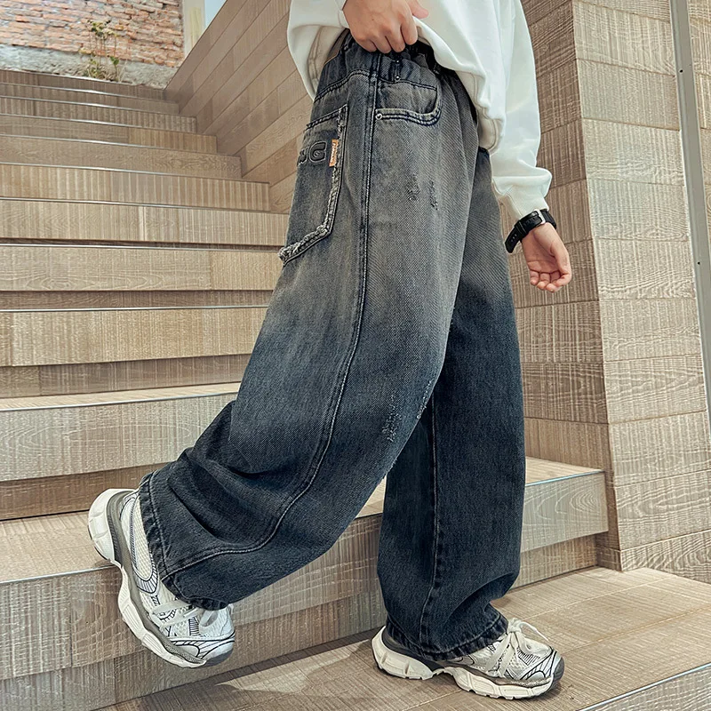 Teenagers Boys Jeans New Children Wide Leg Denim Pants for Kids Loose Pockets Trousers Spring Autumn 4 6 8 10 11 12 13 14 Years