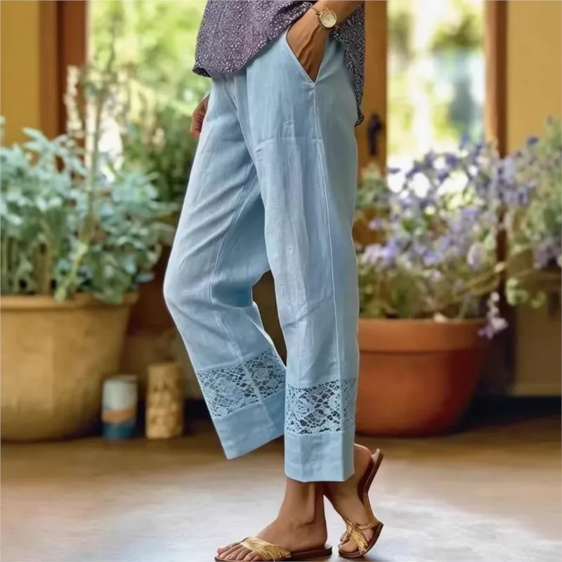 Simple Solid Women's Pants Summer Fashion Lace Patchwork Design Loose Straight Leg Pants With Pockets Ladies Casual Streetwear