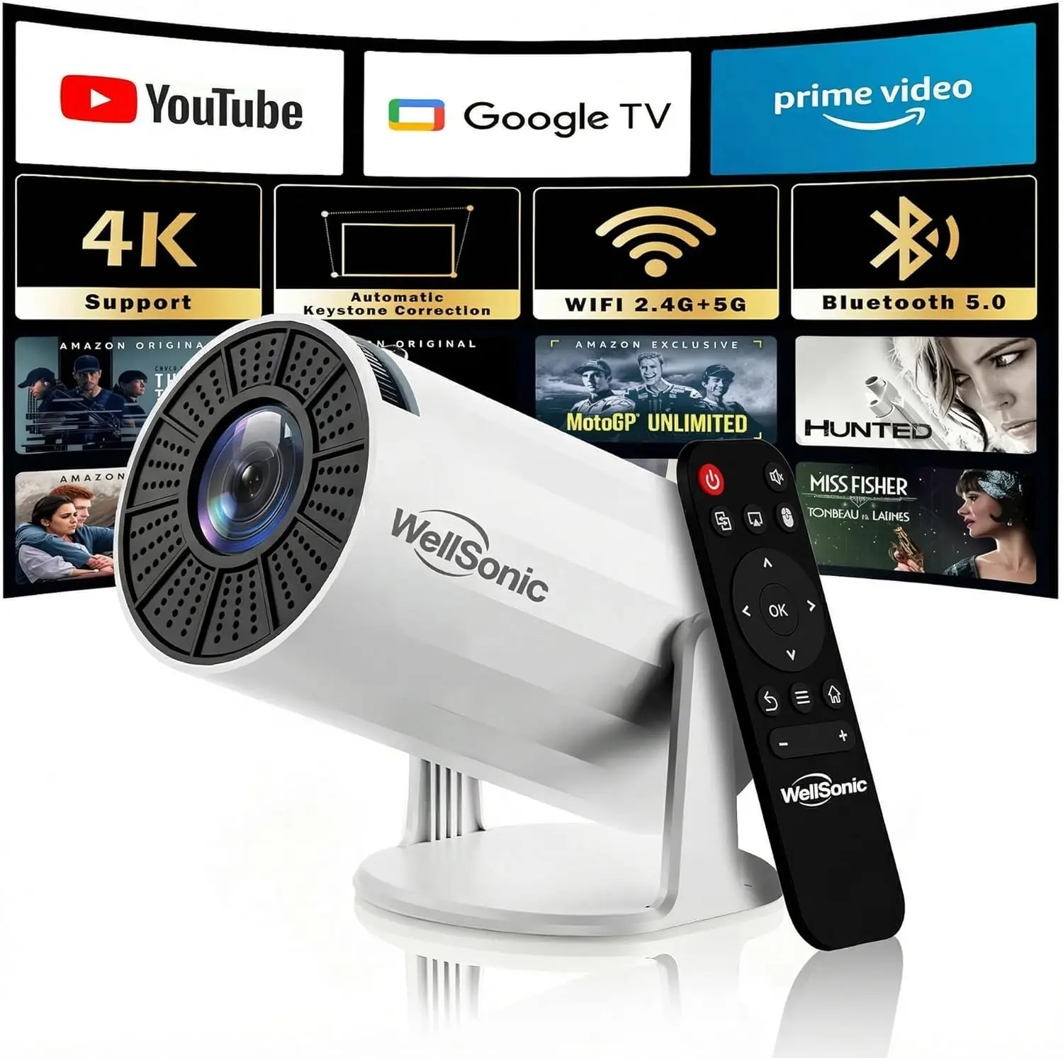 

Портативный мини-проектор с Wi-Fi и Bluetooth, поддержка 4K, автоматическая коррекция трапецеидальных искажений, 210 дюймов ° Поворотный механизм для экрана для просмотра фильмов на открытом воздухе в спальне