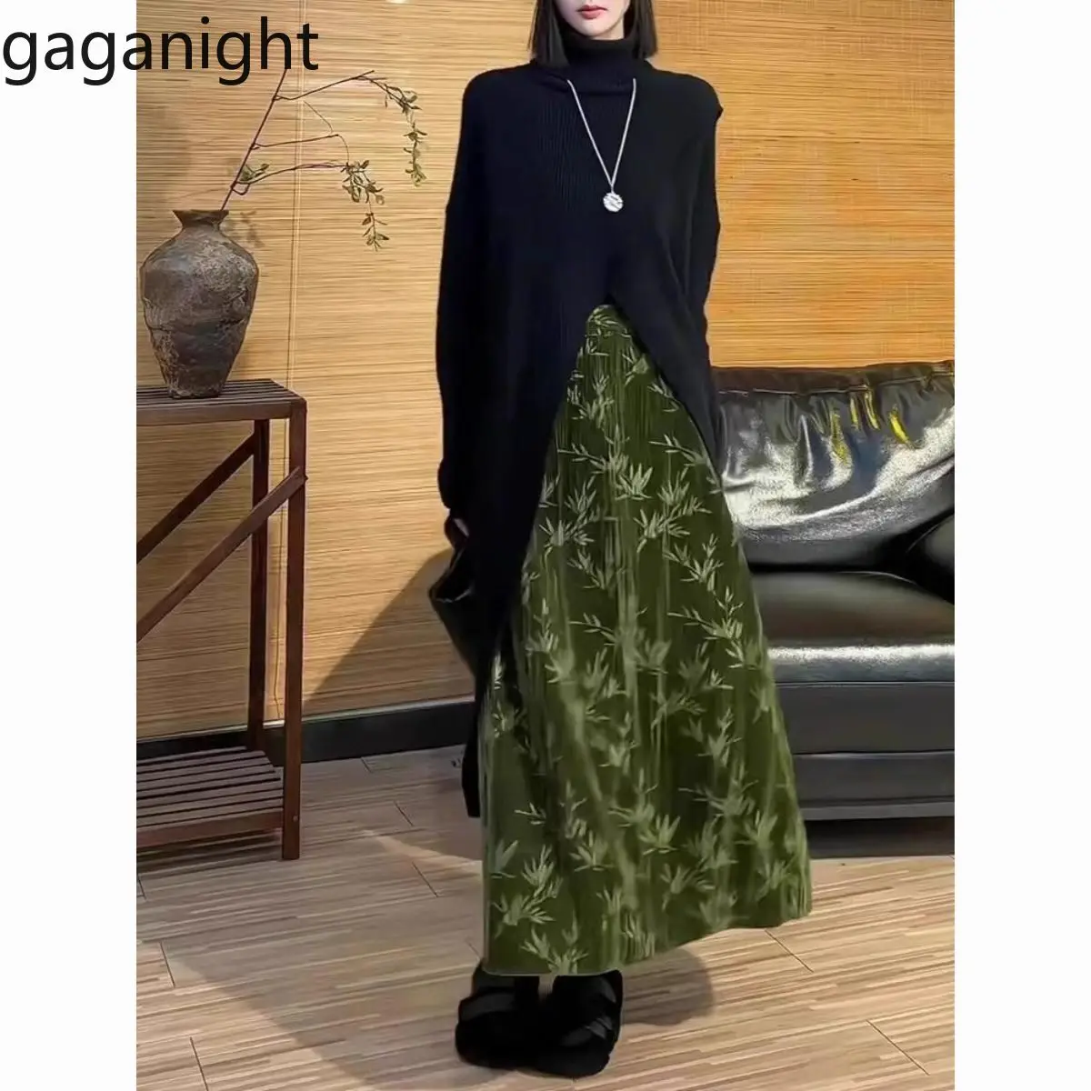 Gaganight Women Golden Velvet Half Length Skirt 202 Autumn Vintage Chinese Style Bamboo Leaf Dark Pattern Thin Umbrella Skirt