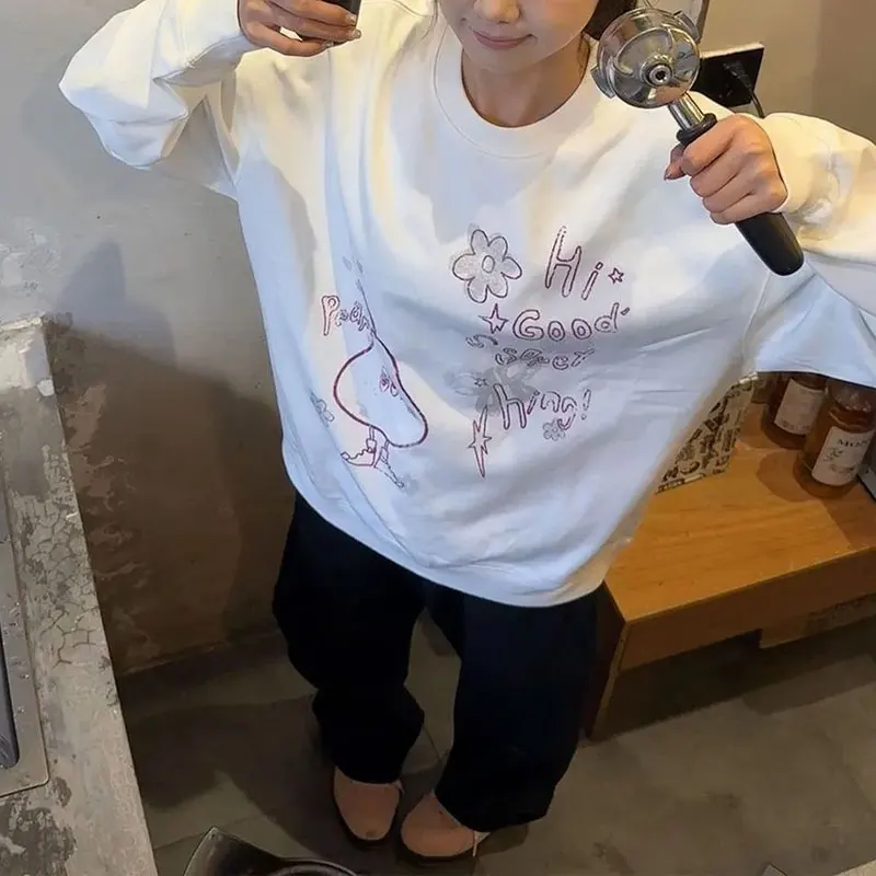 

Stylish Hand-Painted Long Sleeve Sweatshirts Women's Clothing American O-Neck Spring Autumn Basic Casual Letter Loose Pullovers