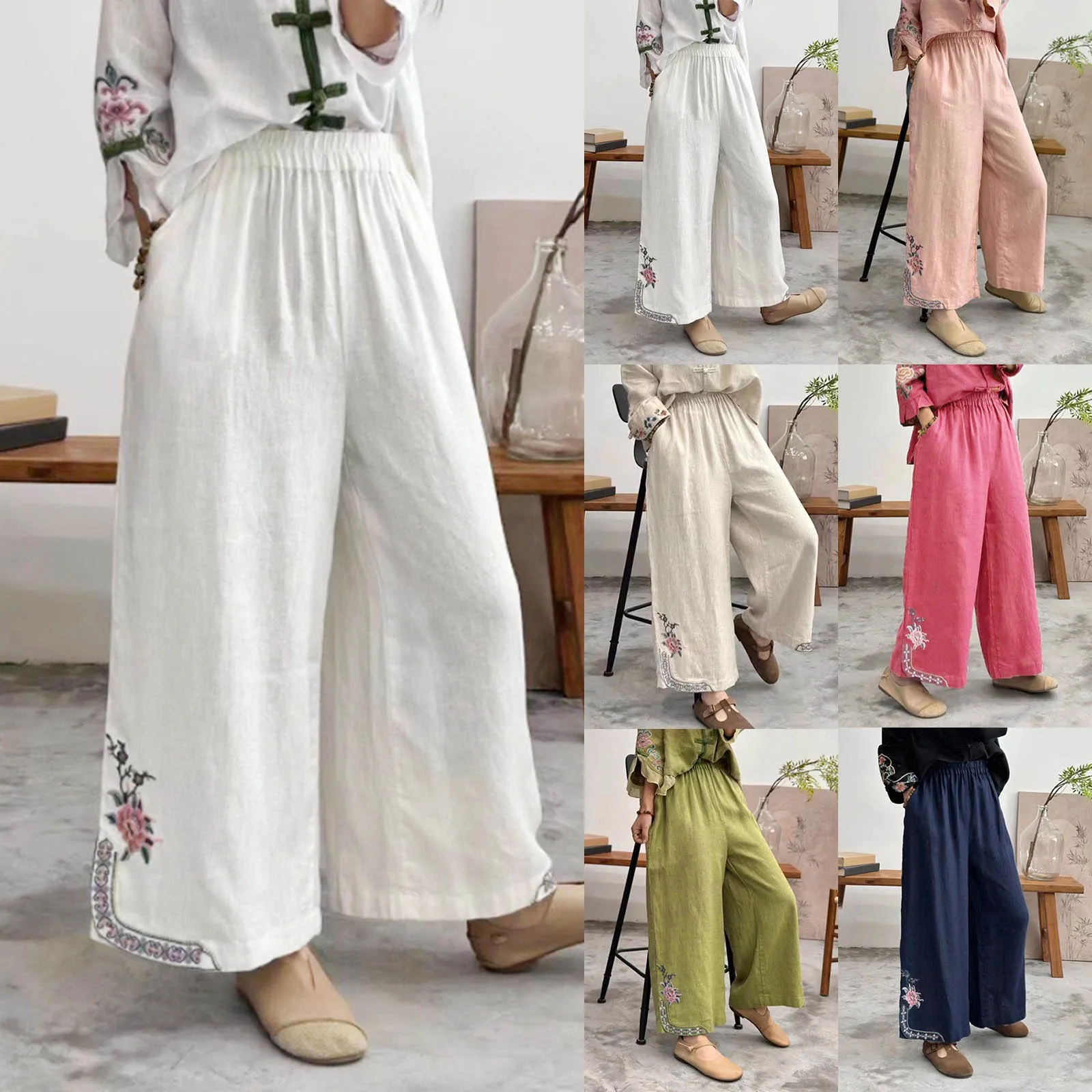 Pants For Women Work Casual Long Spring Summer And Autumn New Ethnic Style Embroidered Cotton And Linen Casual Pants Small Flare