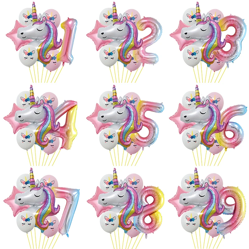 7 Pcs Rainbow Unicorn Foil Balloons Set Gradient Digit 1-9 Foil Balloons Baby Shower Wedding Girls Birthday Party Decorations