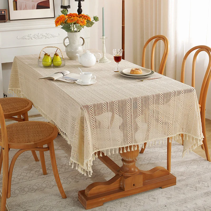 Rustic Style Handmade Crochet Dinner Tablecloth Woven Beige Towel Bridal Party Home Kitchen Dining Table Cover Decorative