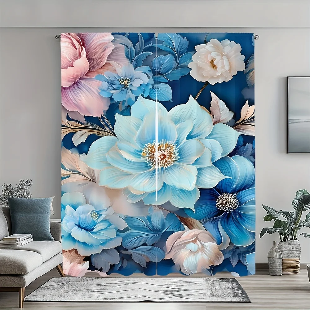 2pc Blue and pink peony floral pattern curtains, made of polyester fabric, machine washable, suitable for bedrooms living rooms.