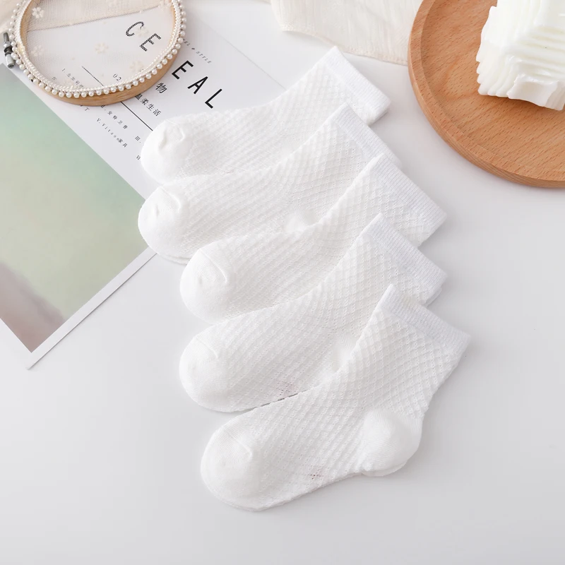 Children's Mesh Socks Medium Tube Pure Cotton Spring Summer Boys and Girls Thin White Socks Babies Breathable Socks 5Pairs