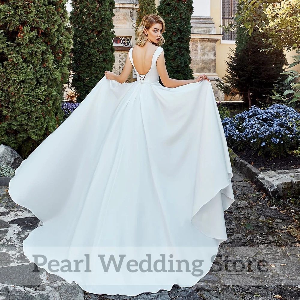 High Quality Satin Wedding Dress Deep V-Neck Sleeveless Backless Bridal Gown Beading Neck Belt Pocket Formal Church Bride Robe