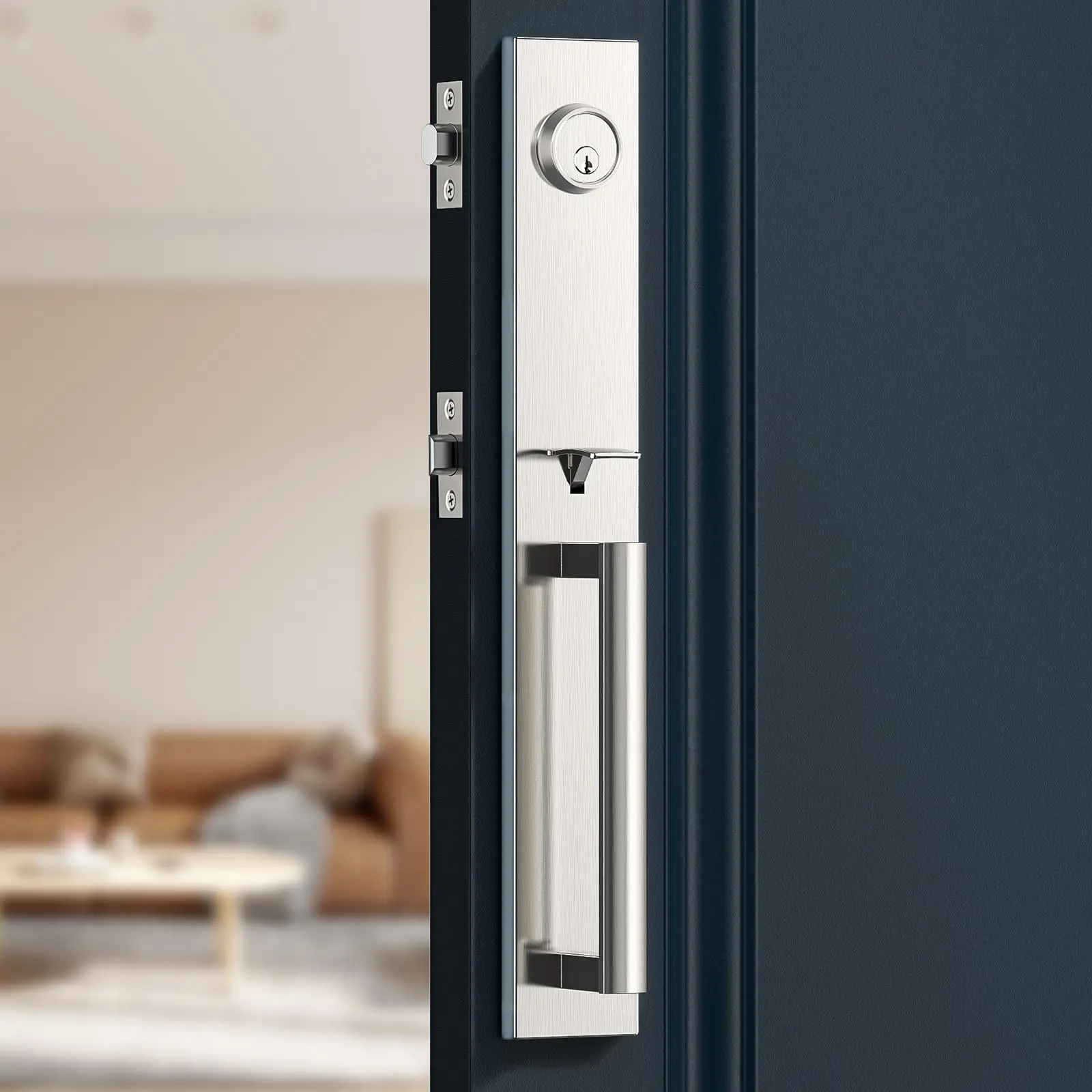 Brightify Front Door Lock Set Safety Full Escutcheon Deadbolt Lever Satin Nickel Handle Heavy Duty Locking Gear with 3 Keys