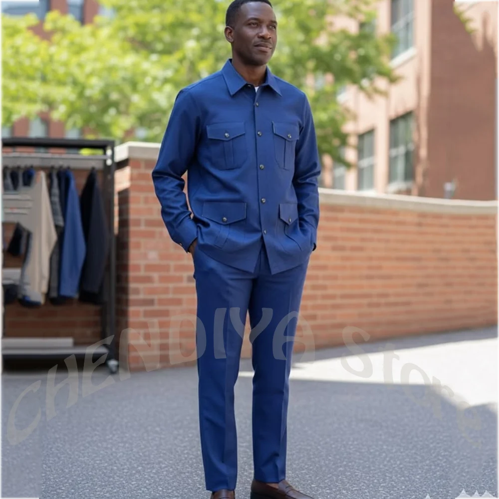 Royal Blue Men Safari Suit Two Piece Set Multi Pocket Single Breasted Slim Fit Casual Business Daily Outfit Jacket Pants