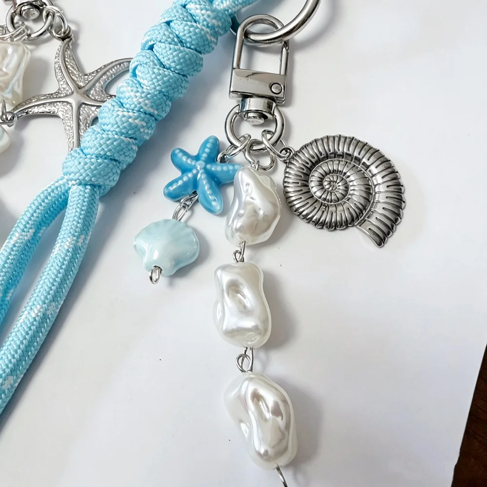 Ocean Vibes Braided Cord Bag Charm, Beach-Themed Keychain with Starfish, Shell & Sea Charms, Cute Purse Backpack Pendant