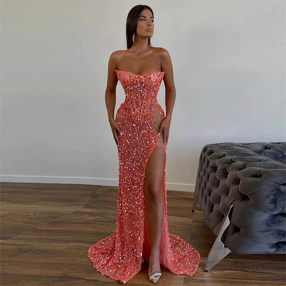 

Sparkling Sexy Off Shoulder Sleeveless Strapless Backless Split Dresses Party Long Dresses For Women Summer Evening Dresses 2023