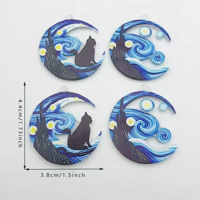 10pcs Cross border Hot selling Acrylic Earrings with Van Gogh Starry Sky Pattern Fashion Black Cat Acrylic Pendant DIY Jewelry A view 6