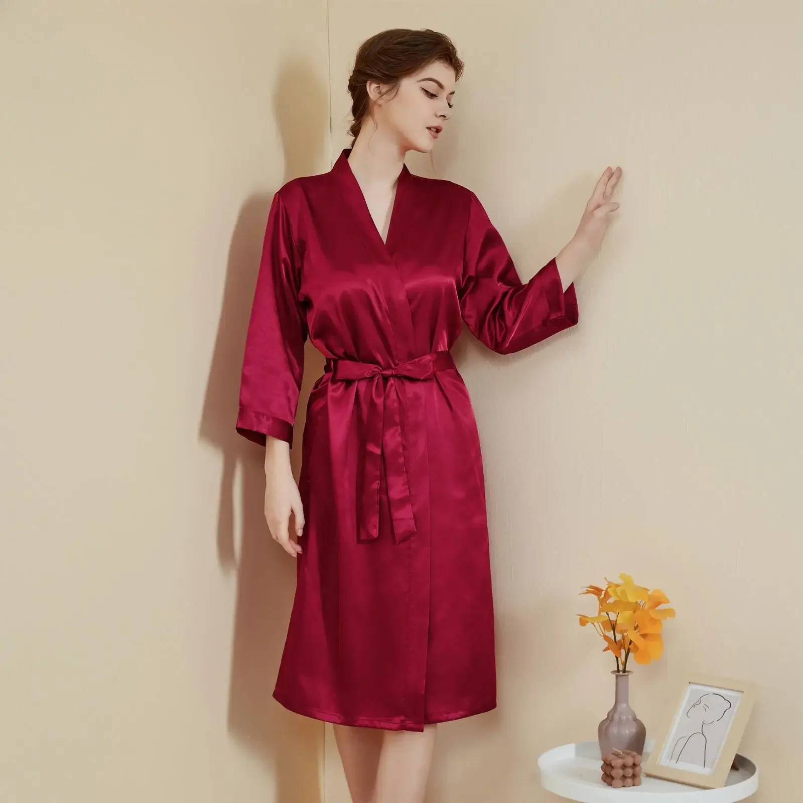 Satin Home Pajamas Women Spring and Summer Light Luxury Nine-point Sleeve Cool Long Nightgown Bathrobe Home Clothes