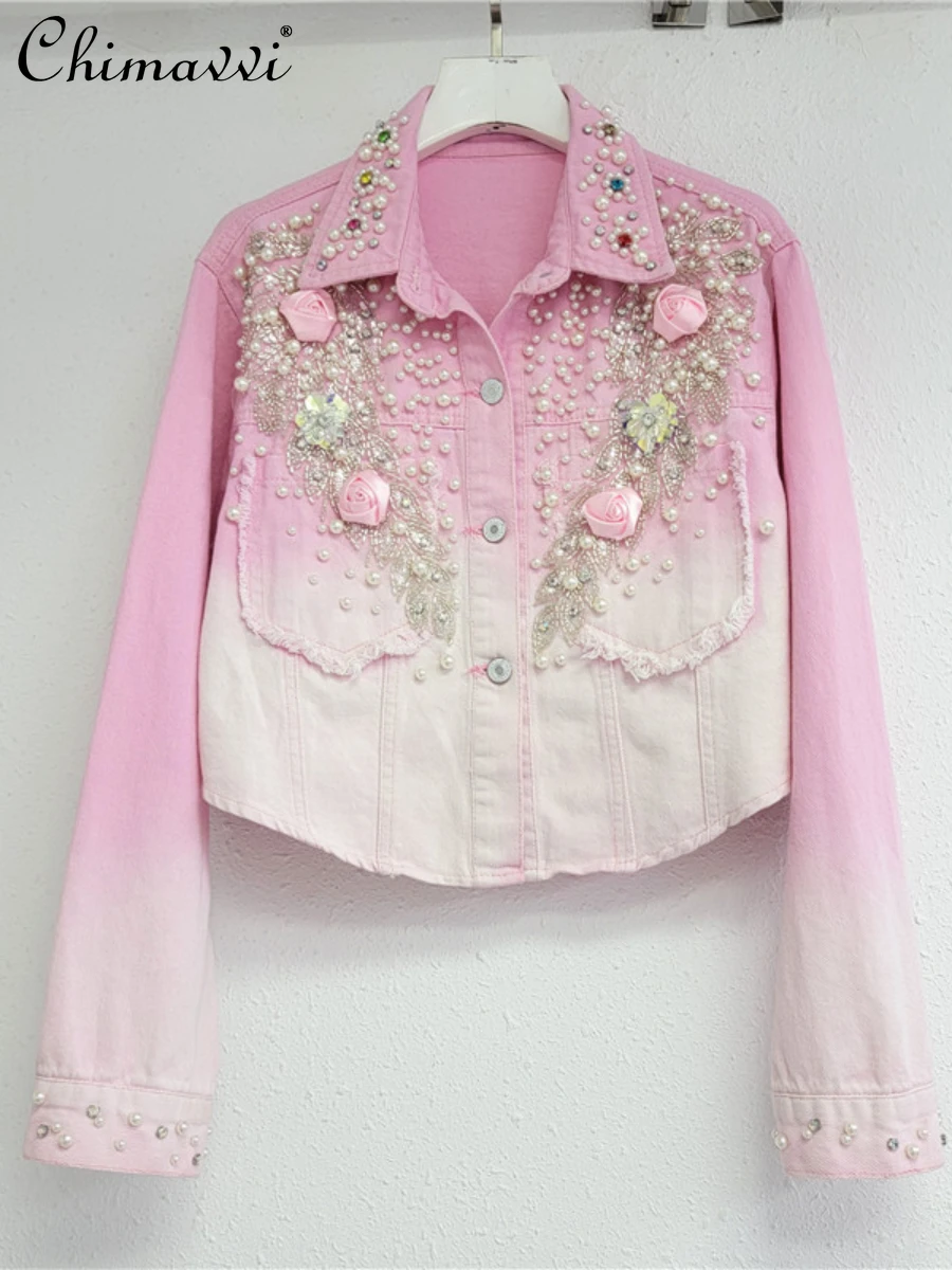 

Heavy Industry Flower Gradient Pink Denim Jacket Female 2023 Autumn Korean Fashion Retro Long Sleeve Jacket Jean Coats Lady Top