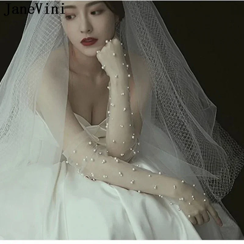 JaneVini Elegant 50CM Long Bridal Gloves Sheer Tulle Ivory Pearls Fingerless Arm Sleeves Wedding Gloves for Bride Guantes Largos