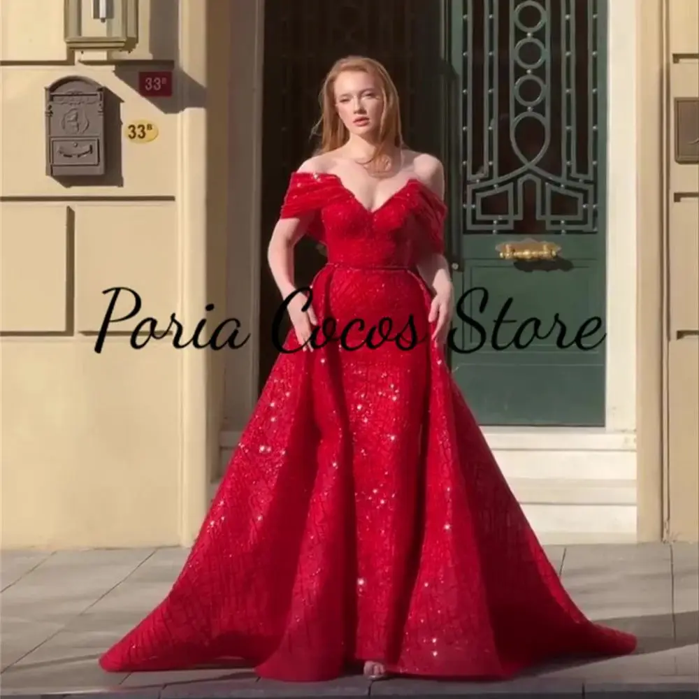 Sheath V-neck Prom Gown Red Glitter Sequins Off Shoulder Pleated Backless Women's Sleeveless Party Dresses فساتين سهرة فخمه