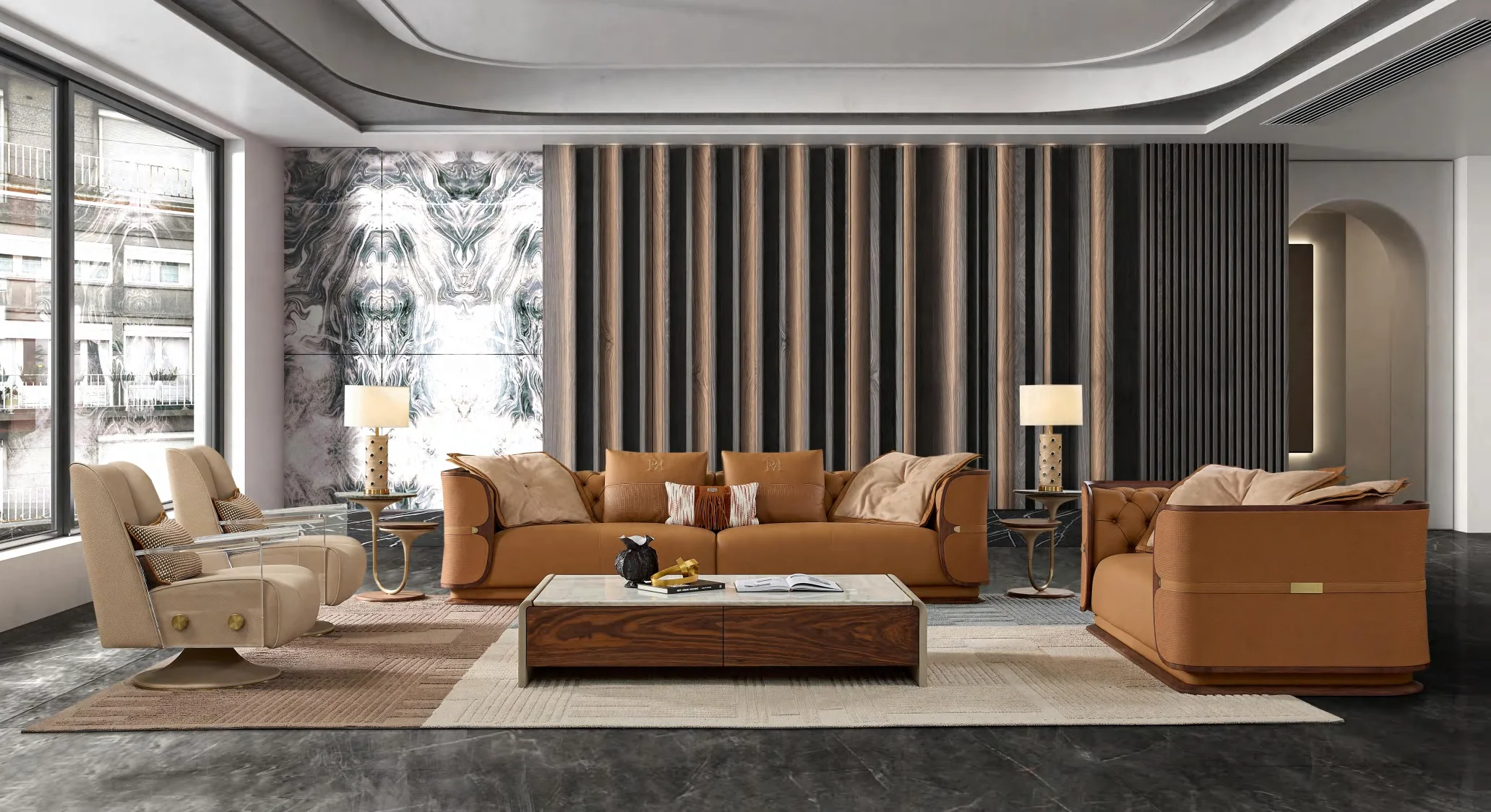 #Modern Three Seat North American Walnut Sofa with Vertical Tufting Full-Grain Leather on Solid Wood Frame Custom Sizes