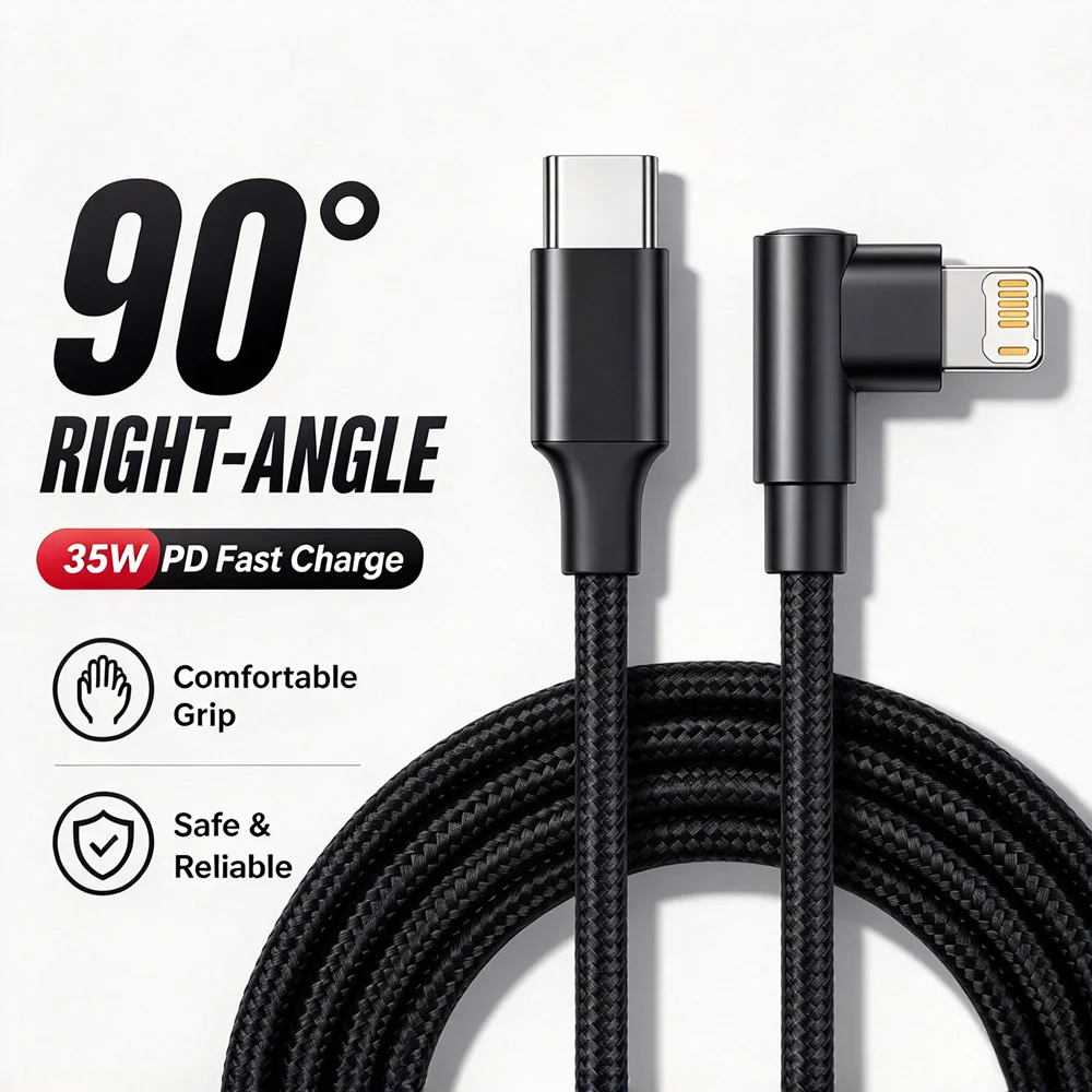 90° Elbow Braided PD 35W Fast Charging Cable For iPhone 11 12 13 14 Pro Max 8 14 Plus X XR XS Max Rapid Charge USB-C Data Cable