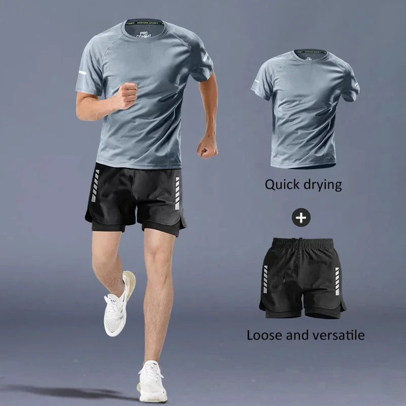 Men Quick Dry Sports Suit Marathon Track Field Training Short Sleeve T-shirt And Shorts Running Outfit