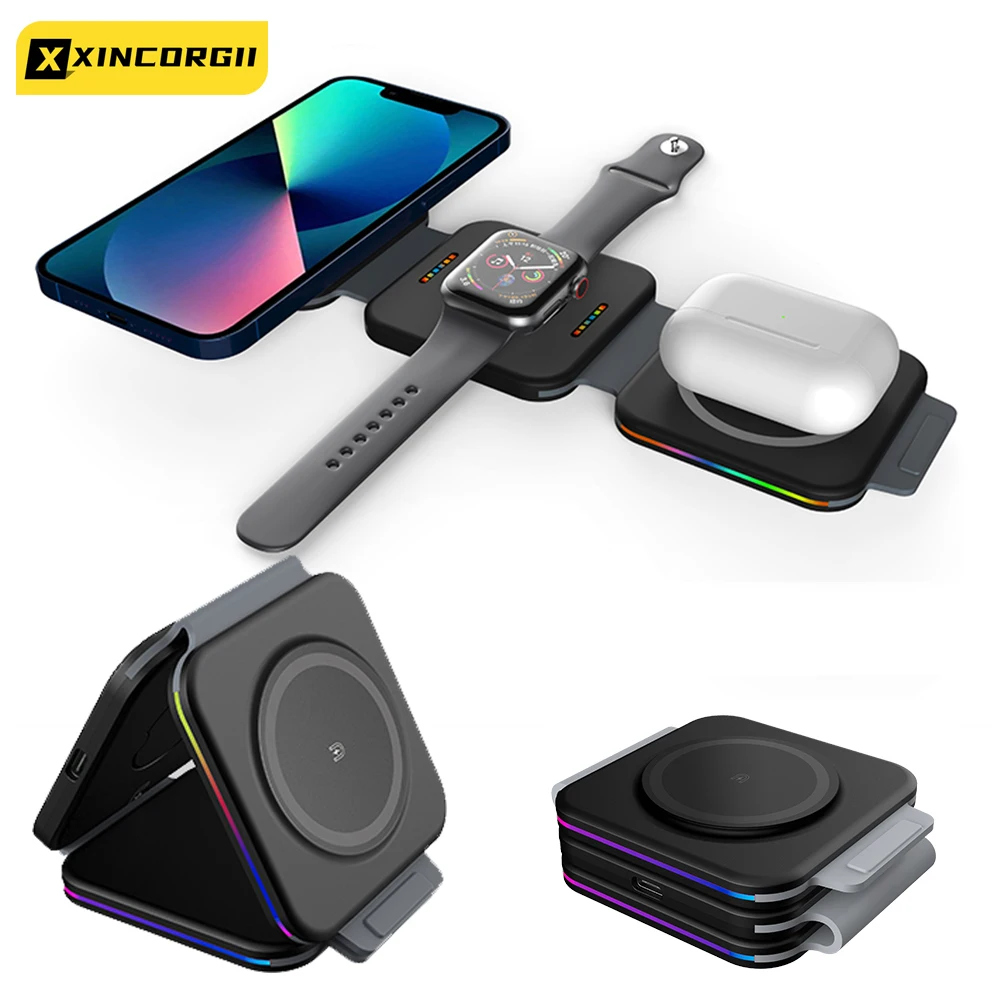 Foldable 3 In 1 Magnetic Wireless Charger Pad Qi 15W For Iphone 14/13/12/11 Pro Max Iwatch 7/6/5 Airpods LED Charging Station