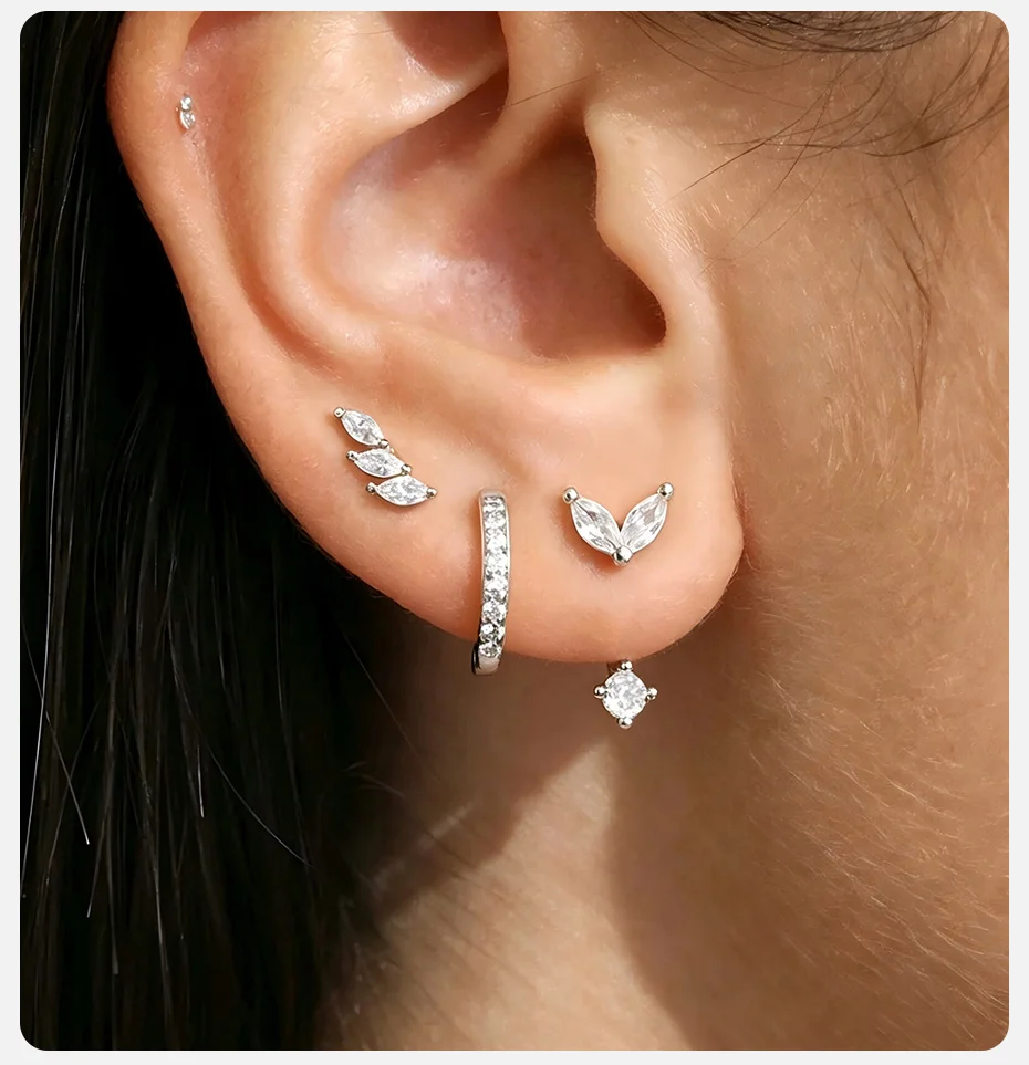 Vnox Luxus 3 Paar Geometrische Creolen-Sets für Damen Silberfarbene Zirkon-Ohrhänger Hypoallergener Schmuck für den Alltag – Detail 3