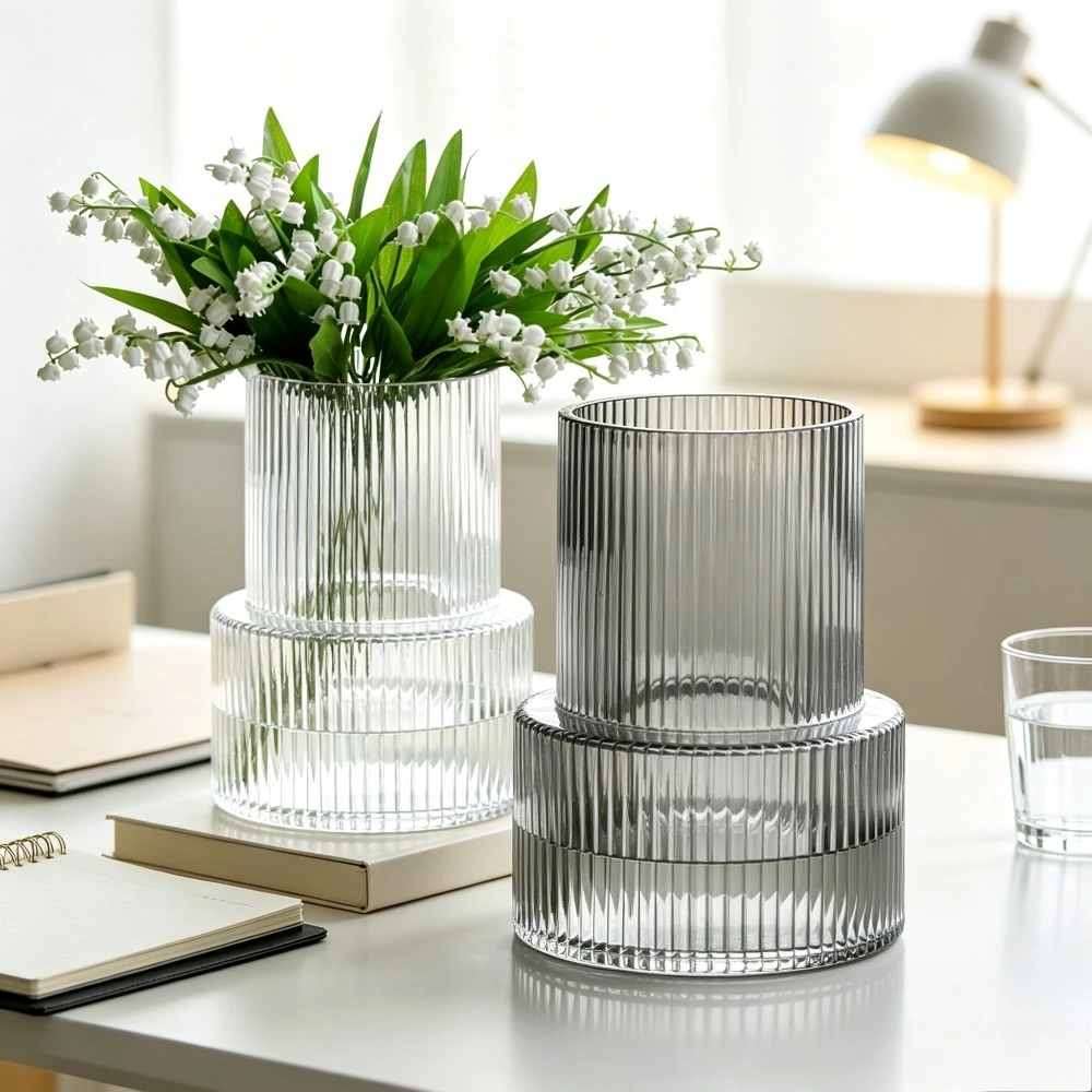 Nordic Vertical Stripe Glass Vase Decorative Flower Pot Transparent Hydroponic Plant Vase Kitchen Window Sill Living Room Decor