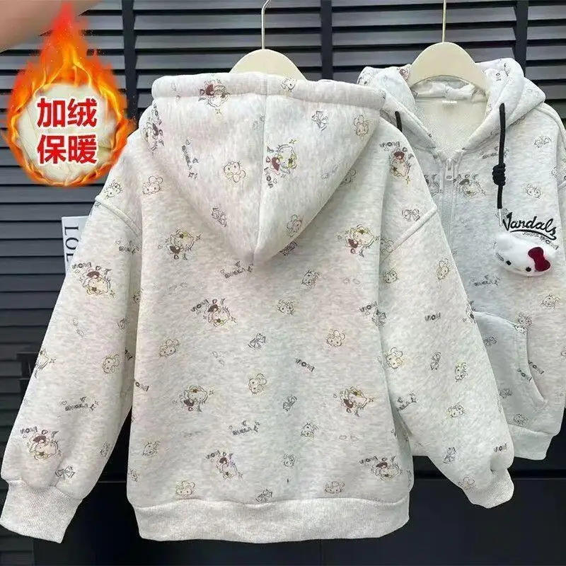 

Sanrio Hello Kitty Hooded Open Cardigan Jacket for Girls Winter New Baby Children Coat Warm Outerwear Hooded Padded Cotton Coat