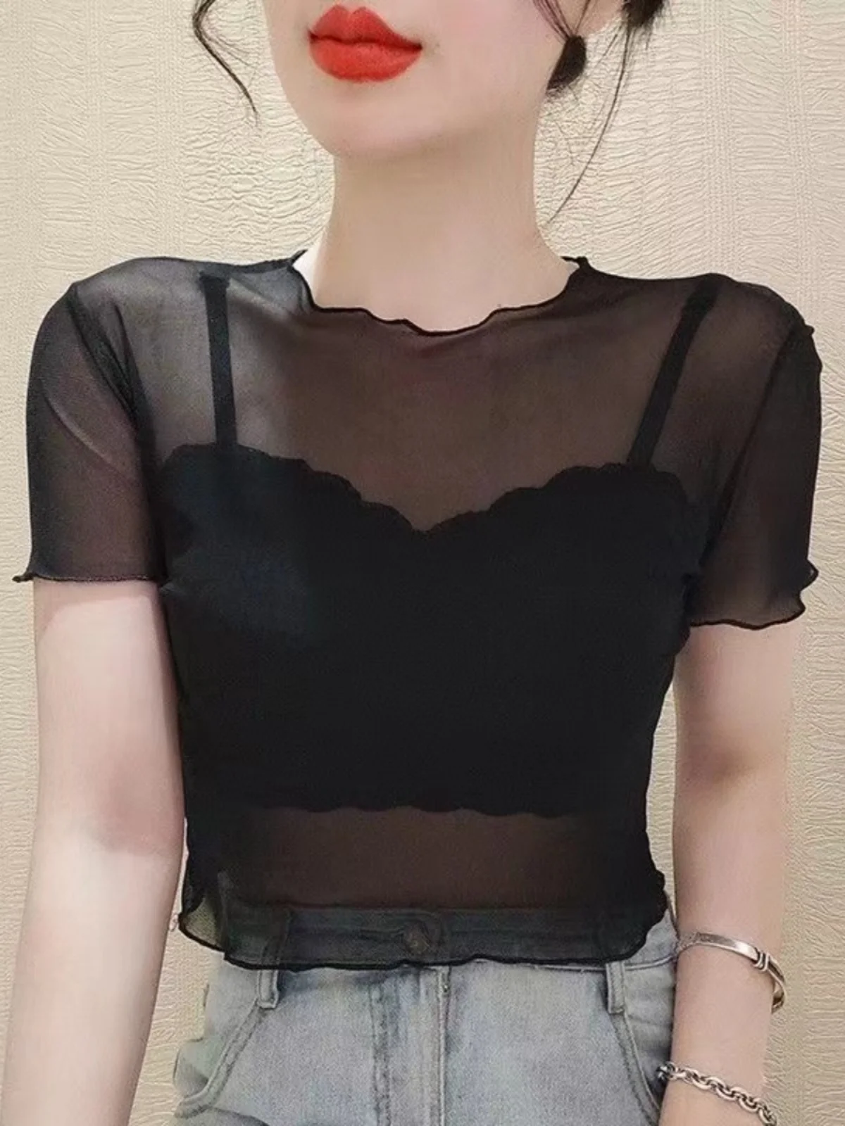 半袖 レディース キャミソール アンダードレス 透明 ネット レース トリム ベース 薄い セクシー トップ 夏 ポリエステル ブレンド ラウンドネック ショート丈